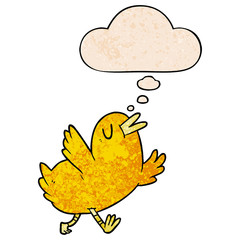 cartoon happy bird and thought bubble in grunge texture pattern style