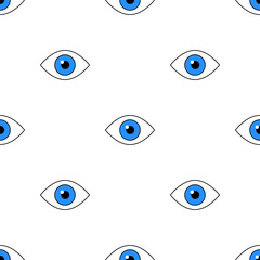 Seamless pattern with blue eye icon. Clinic eye iris. Flat style. Vector illustration for design, web, wrapping paper, fabric, wallpaper.