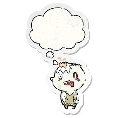 cartoon zombie and thought bubble as a distressed worn sticker