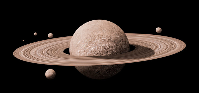 Saturn Planets In Deep Space With Rings  And Moons Surrounded
