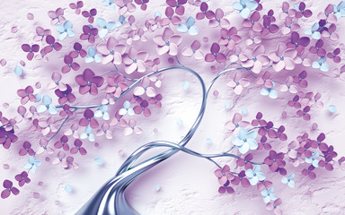 3d wallpaper pink and purple branches flowers and butterfly with bricks - obrazy, fototapety, plakaty