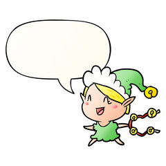 cartoon happy christmas elf and speech bubble in smooth gradient style