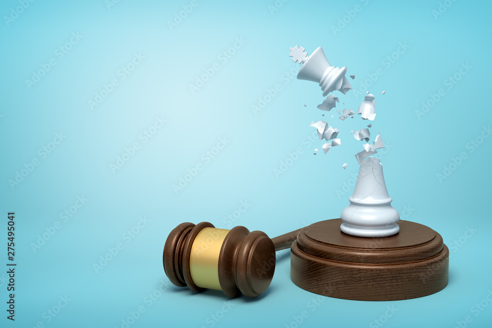 Poster 3d rendering of broken white chess king, its crumbs in air, standing on sounding block with gavel be
