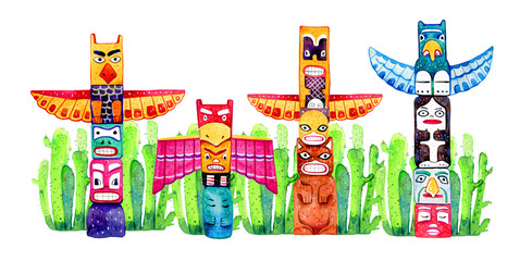 Native American traditional totem poles. Hand drawn watercolor illustration set. Group of four carved wooden figures