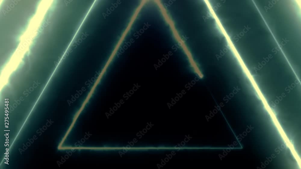 Poster neon bakcground flying through edless glowing rotating neon triangles creating a tunnel, blue red pi