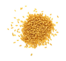 Close up heap of bulgur grains isolated on white