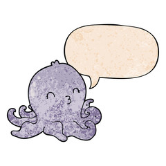 cartoon octopus and speech bubble in retro texture style