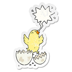 cartoon bird hatching from egg and speech bubble distressed sticker