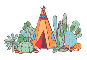 Native American indians traditional tipi, succulents and cactuses. Vector hand drawn color outline doodle sketch illustration © Alexandra