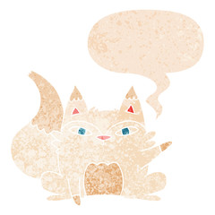 cartoon arctic fox and speech bubble in retro textured style