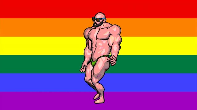 Seamless animation of a muscular man bodybuilder with swimming trunk. Funny summer background cartoon hand drawn style isolated with a rainbow flag