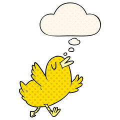 cartoon happy bird and thought bubble in comic book style