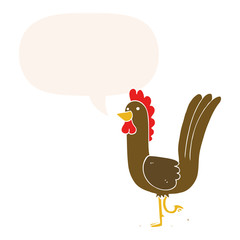 cartoon rooster and speech bubble in retro style