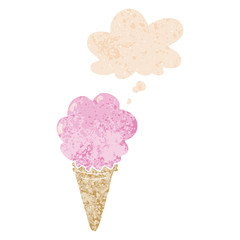 cartoon ice cream and thought bubble in retro textured style