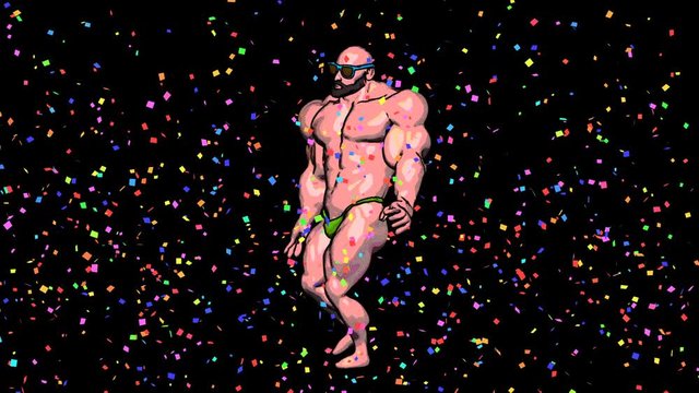 Seamless animation of a muscular man bodybuilder with swimming trunk. Funny summer background cartoon hand drawn style with a rain of colorful confetti.