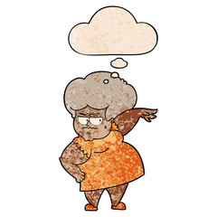 cartoon angry old woman and thought bubble in grunge texture pattern style