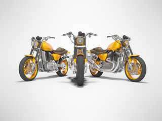 Fototapeta na wymiar Group of orange motorcycles front view 3d render on gray background with shadow