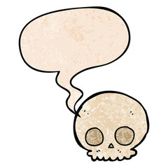 cartoon skull and speech bubble in retro texture style