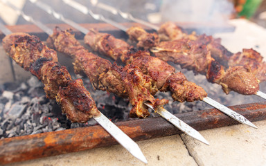 Meat on skewers roasted over charcoal