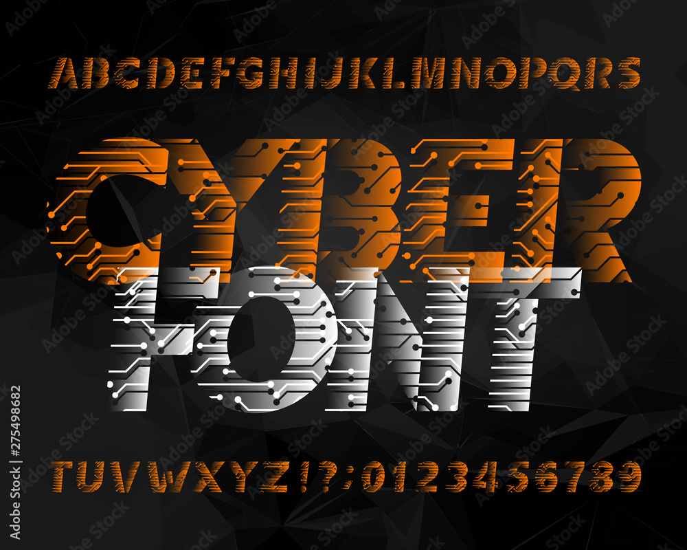 Fototapete cyber alphabet font. digital hi-tech style letters and numbers. easy color change. dark polygonal ba