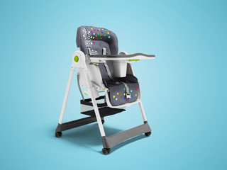 Baby nursing chair with soft bedding and safety mounts with table 3d render on blue background with shadow