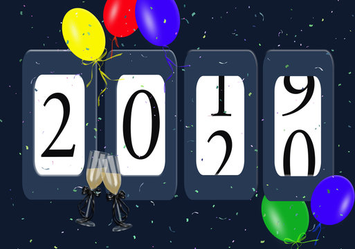 New Year 2020 odometer with party balloons and confetti