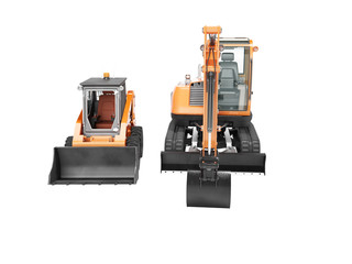 Orange mini crawler excavator and mini loader front view 3d render on white background no shadow