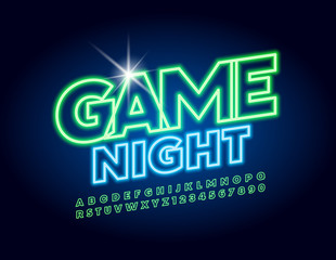 Vector bright neon banner Game Night. Uppercase glowing Font. Green electric Alphabet Letters and Numbers © Popskraft