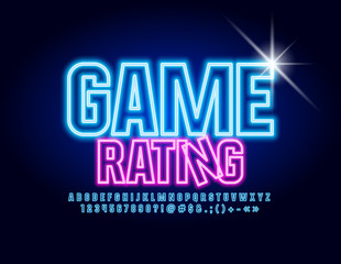 Vector neon glowing sign Game Rating with Uppercase Blue illuminated Font. Glowing Alphabet Letters, Numbers and Symbols