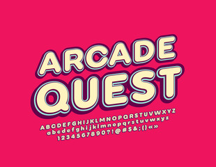Vector vintage style banner Arcade Quest with 3D Font. Creative Alphabet Letters, Numbers and Symbols