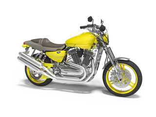 Yellow motorcycle for two places isolated right side view 3d illustration on white background with shadow