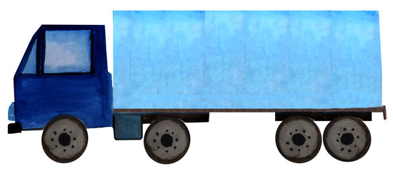 watercolor blue trailer truck on a white background. raster illustration for design