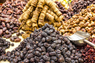 Dry dates and figs fruits on the market, UAE