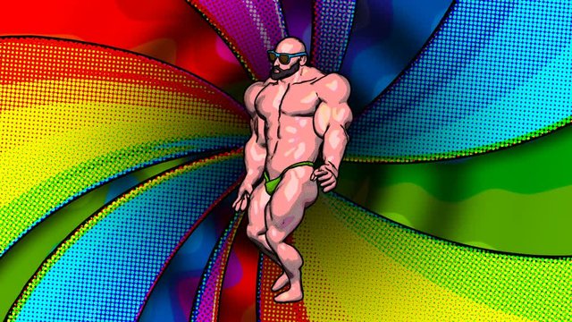 Seamless animation of a muscular man bodybuilder with swimming trunk. Funny summer background cartoon hand drawn style isolated with a rainbow backdrop