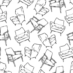 Stickers pour porte Années 50 Modèle sans couture de vecteur avec des chaises du milieu du siècle dessinés à la main. Beaux éléments de design en noir et blanc, parfaits pour les impressions et le papier peint.