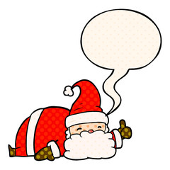 cartoon sleepy santa giving thumbs up symbol and speech bubble in comic book style