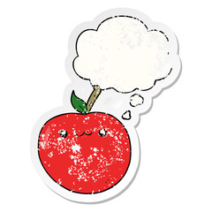 cartoon cute apple and thought bubble as a distressed worn sticker