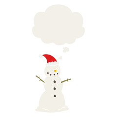 cartoon christmas snowman and thought bubble in retro style