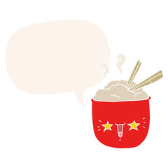 cartoon rice bowl and face and speech bubble in retro style