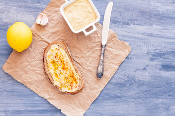 Hummus sandwich with country rustic bread. Top view, above view or overhead view composition