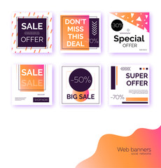 Banners, templates for social media post promotion. Geometric square backgrounds with text space, abstract elements