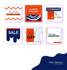 Templates, banners for social media post promotion. Geometric square backgrounds with text space, abstract elements, red and blue.