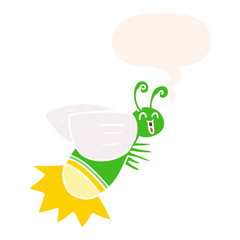cartoon glow bug and speech bubble in retro style