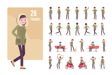 Parka woman character set. Young girl wearing warm windproof jacket with hood, cold weather city female outfit, urban autumn outerwear fashion. Full length, different views, gestures, emotions, poses © andrew_rybalko