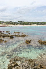 Mediterranean sea crashing against the rocks of the Spanish island of Mallorca, Ibiza, Spain.