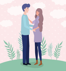 cute lovers couple pregnancy characters in the landscape