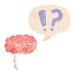 cartoon curious brain and speech bubble in retro textured style