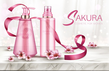 Sakura cosmetics bottles mockup ad banner, perfume and soap tubes with pump and sprayer cap mock up, beauty product line, lace, pink flower on marble table top template Realistic vector illustration