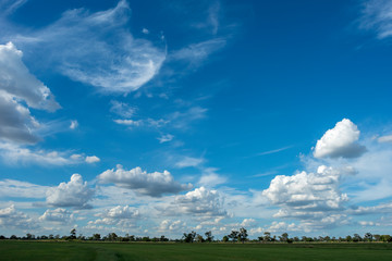 Blue sky background with green fields and white clouds.