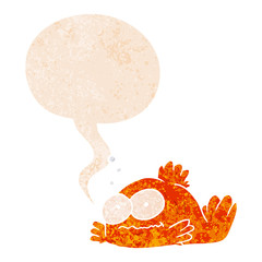 cartoon goldfish and speech bubble in retro textured style